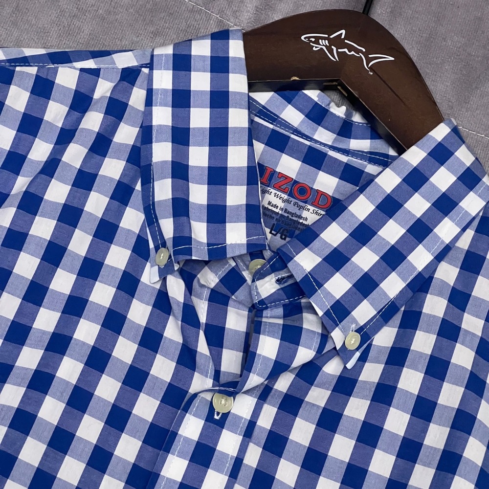 IZOD Button Down Shirt Mens Large Blue Gingham Short Sleeve Poplin Excellent